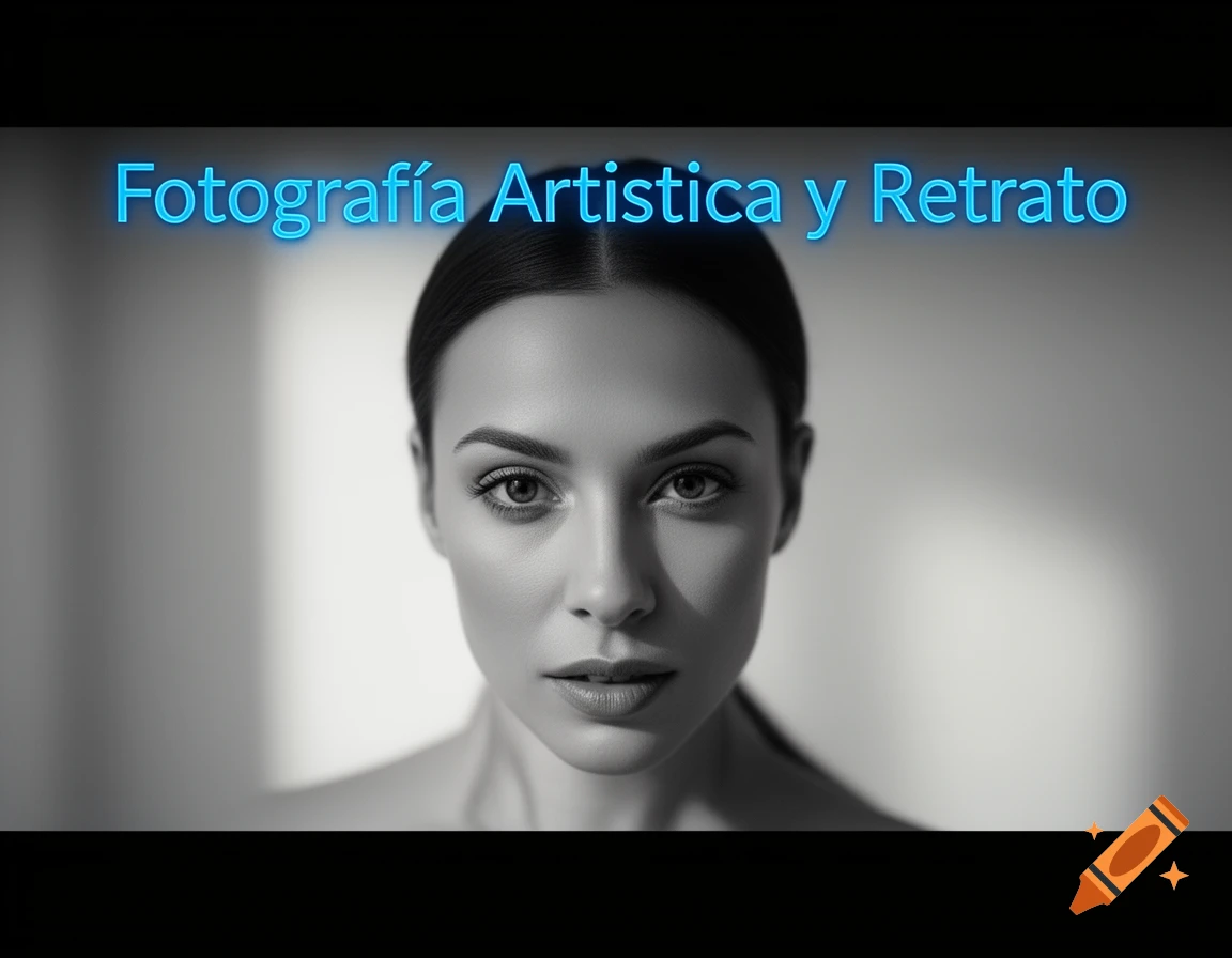 Black and white portrait of a woman with 'Fotografía Artística y Retrato' in blue neon text.