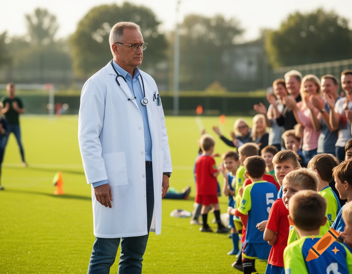 A doctor in a white lab coat stands on a green soccer field, watching children play soccer while adults cheer in the background. Photorealistic.