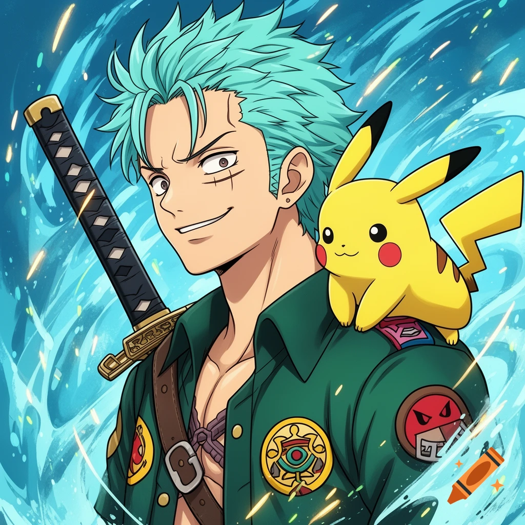 Anime-style Zoro from One Piece with blue hair, a scar, and a smiling Pikachu on his shoulder, against a blue energy background.