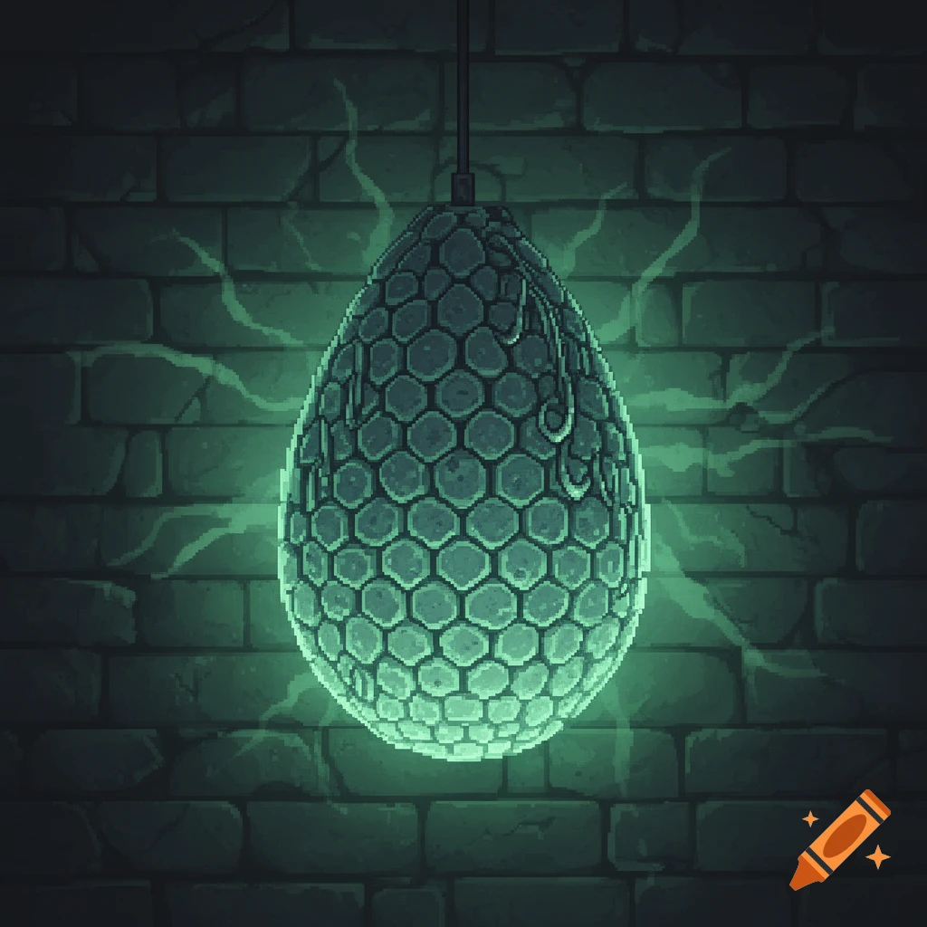 A glowing, textured, egg-shaped lamp hangs against a dark brick wall in a pixel art style, emitting green light.