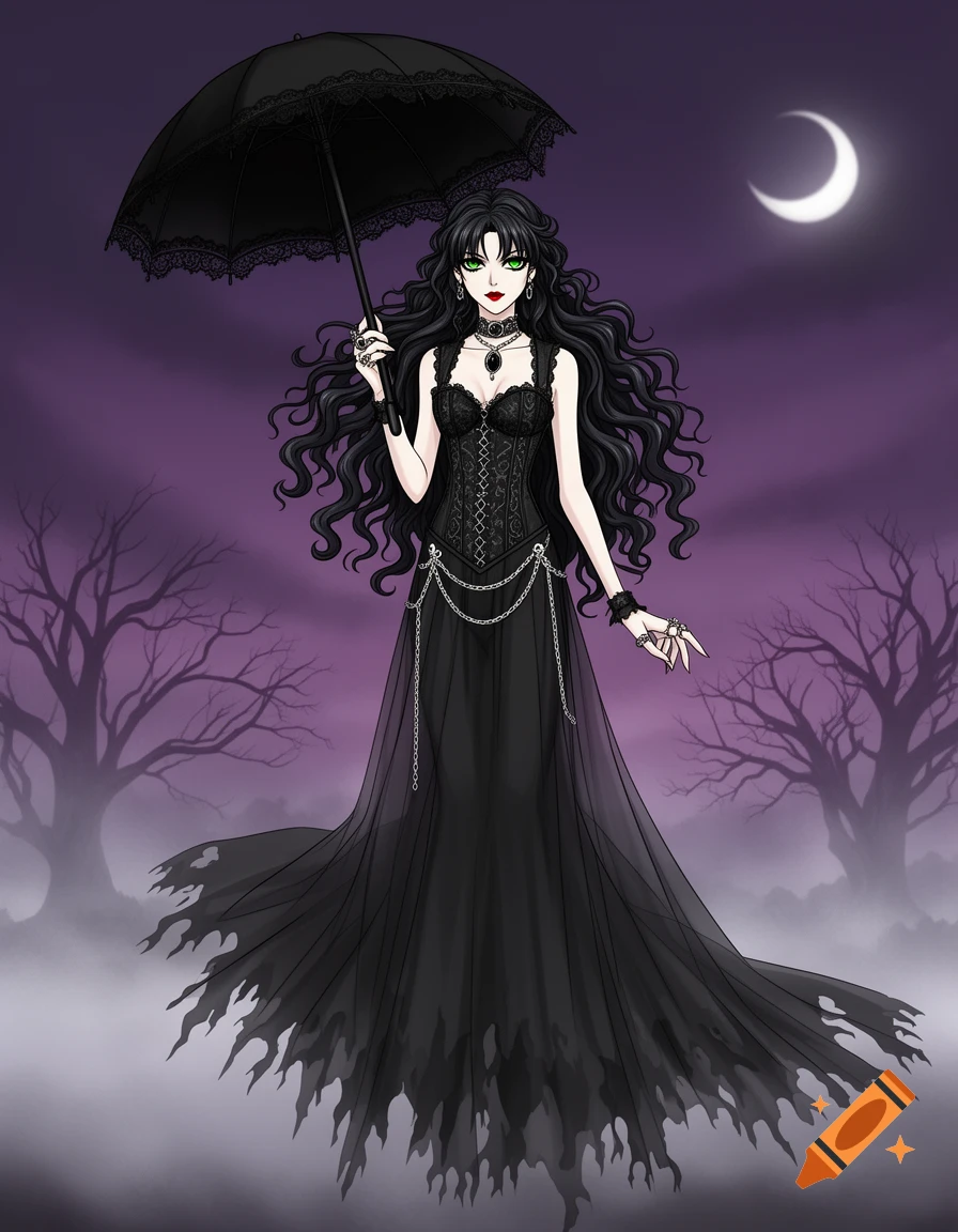 Anime-style goth girl with long black hair and a black lace umbrella, standing in a misty, purple landscape under a crescent moon.