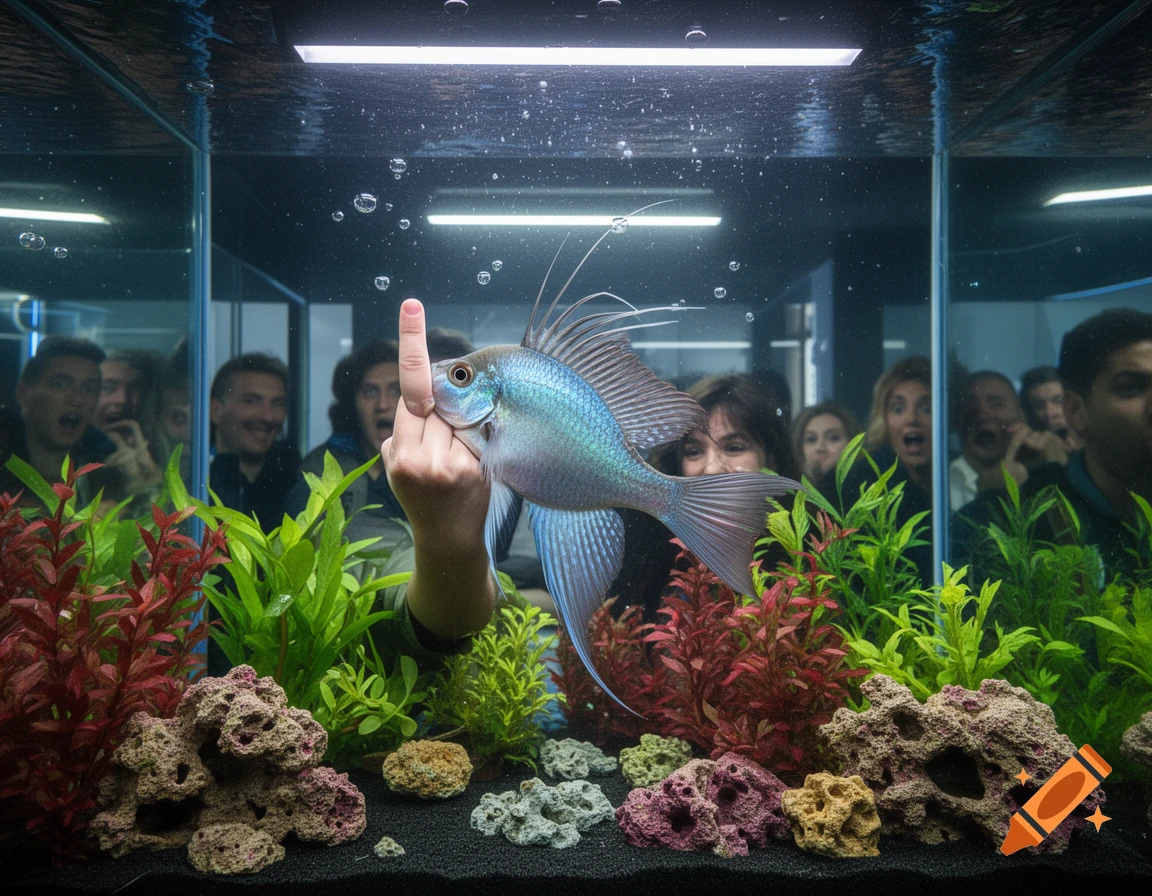 A blue fish in an aquarium uses a human hand to flip the middle finger while people reflected in the glass look on in surprise. Photorealistic.
