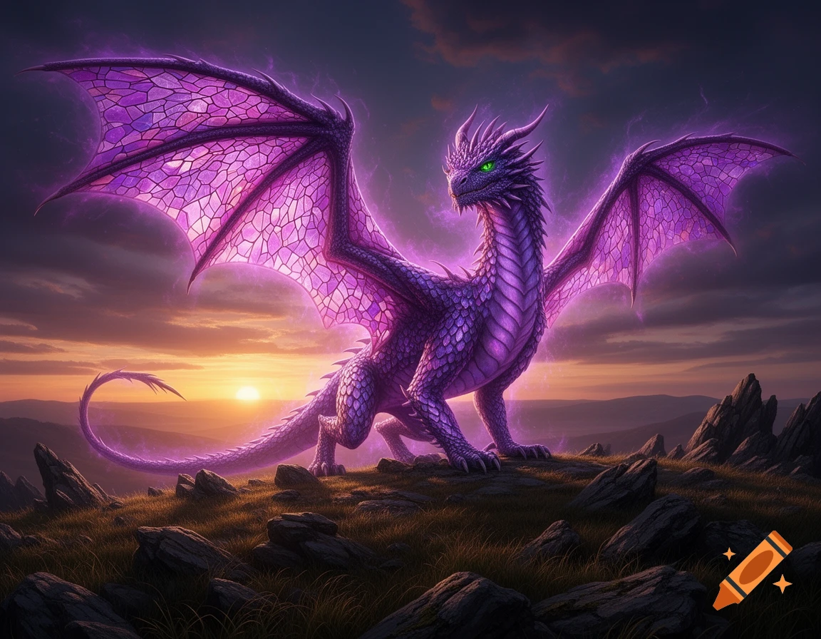A majestic purple dragon with glowing wings and green eyes stands on a rocky hilltop against a vibrant sunset sky.