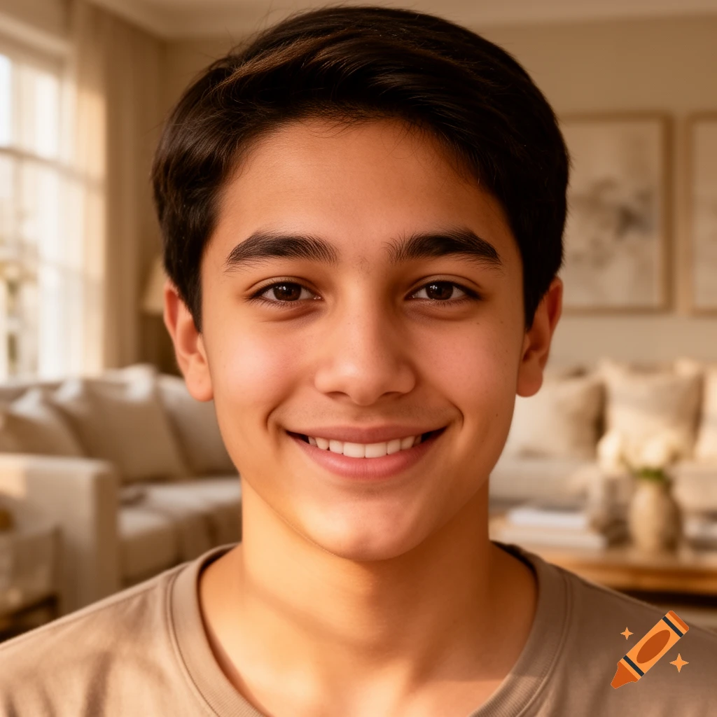 A close-up photorealistic portrait of a smiling young boy with dark hair in an indoor setting.