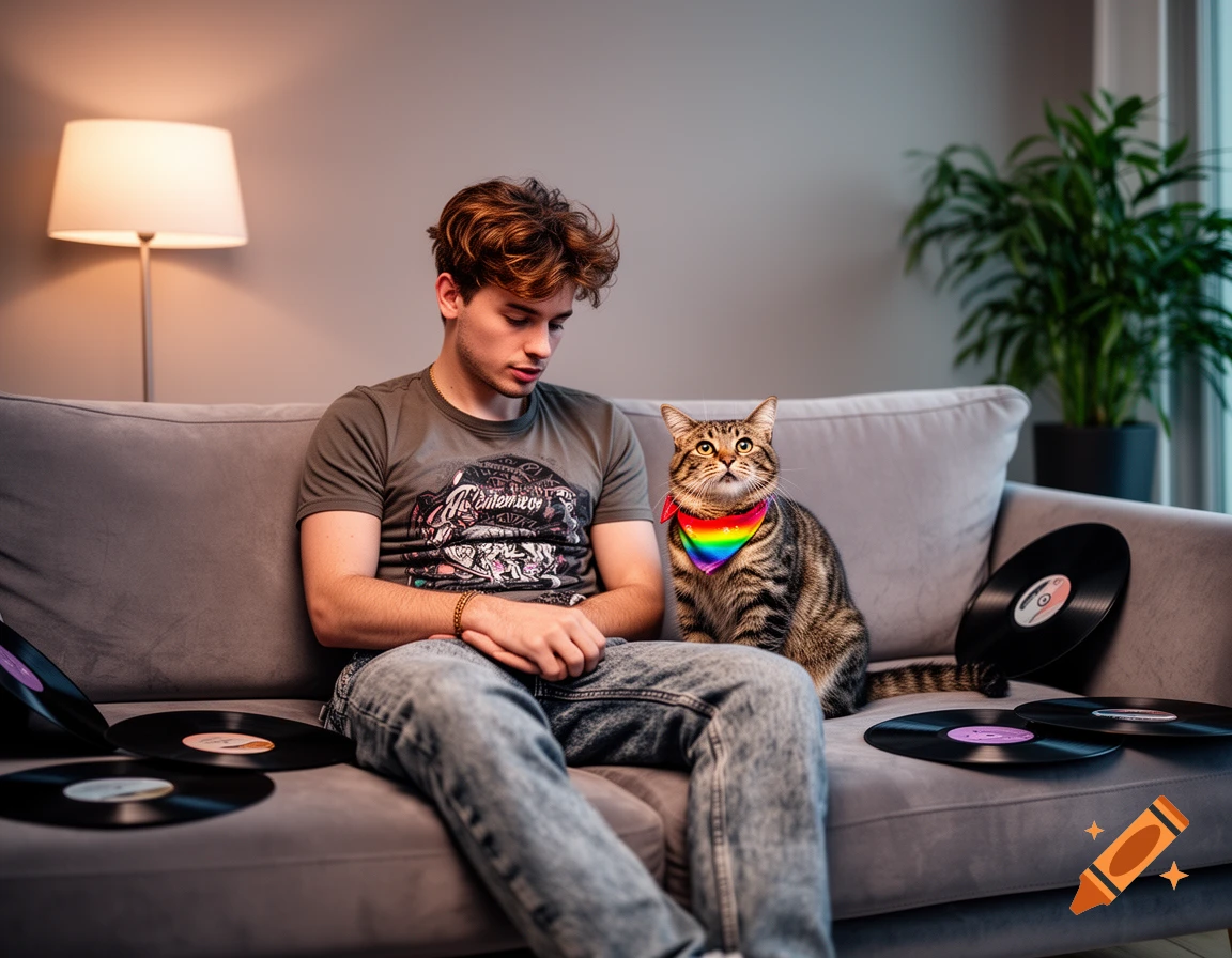 A young man sitting on a gray couch next to a tabby cat wearing a rainbow bandana, surrounded by vinyl records. A lamp and plant are in the background.