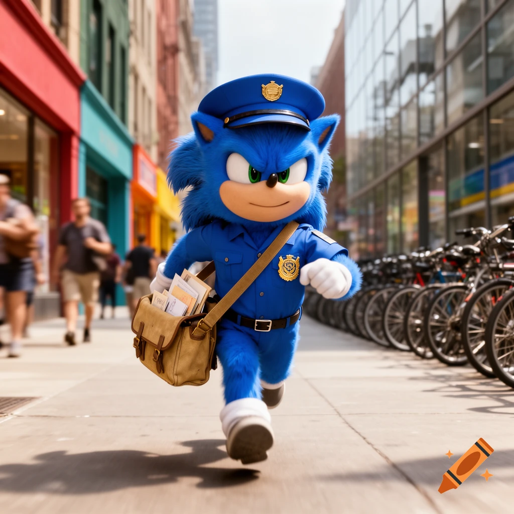 Photorealistic Sonic the Hedgehog dressed as a mail carrier, running down a busy city sidewalk.