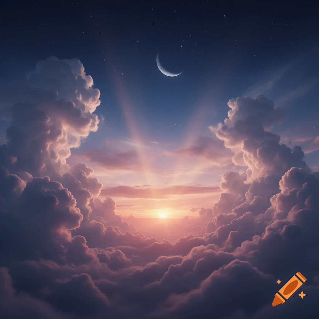 A serene sky with fluffy clouds, a crescent moon, and a vibrant sunset horizon with sunbeams radiating upwards.