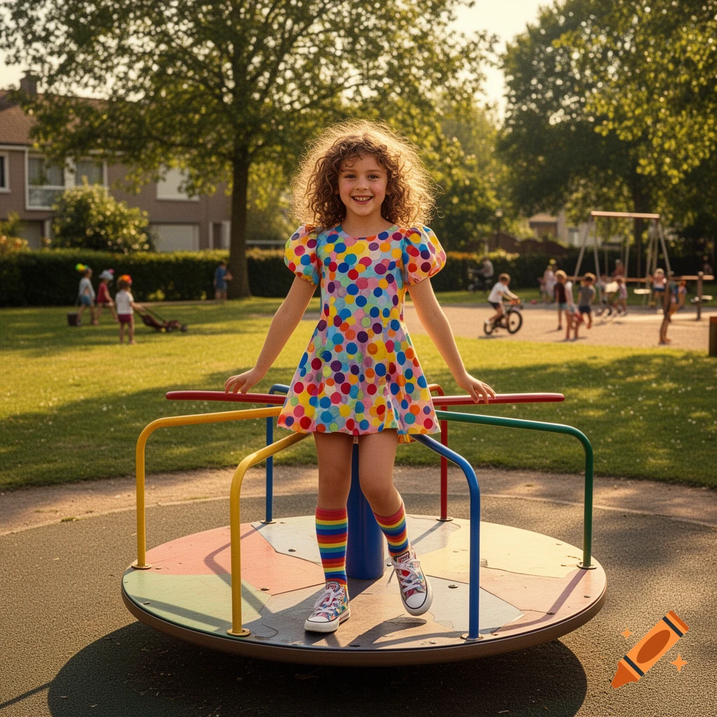 A smiling young girl with curly hair wears a colorful polka-dot dress and rainbow socks, standing on a merry-go-round in a sunny park.