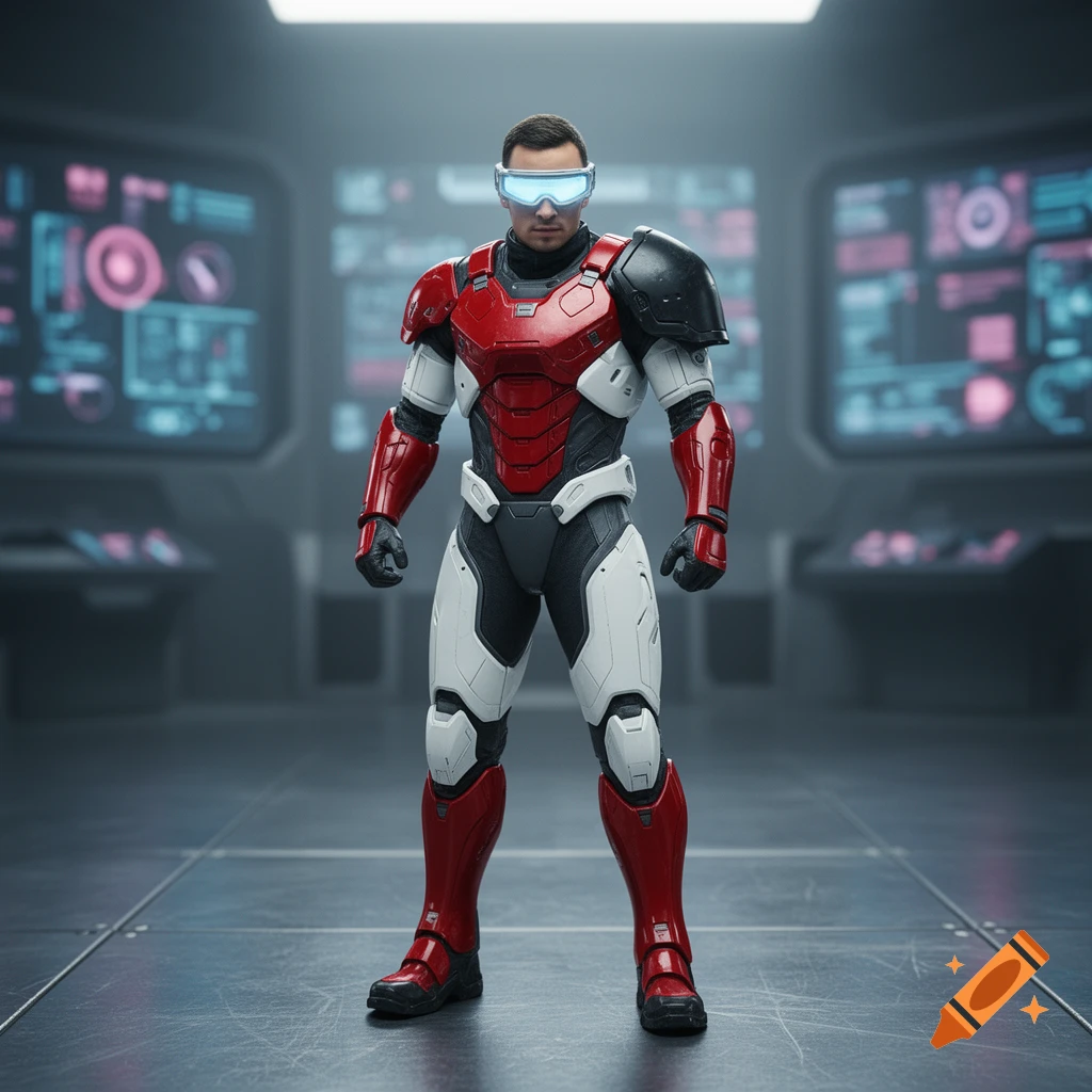 A sleek, photorealistic futuristic soldier in red, white, and black armor with a glowing blue visor stands in a control room.