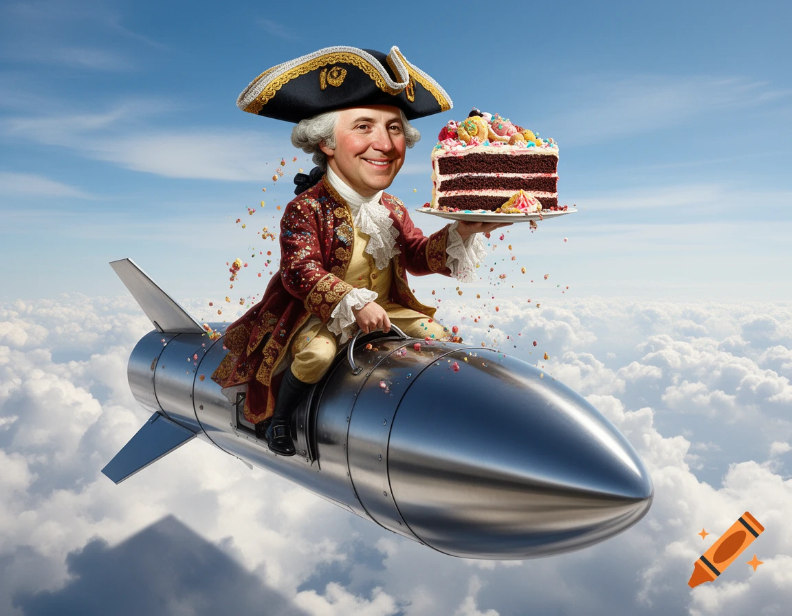 A whimsical caricature of George Washington flying a silver rocket above clouds, holding a chocolate cake with sprinkles.