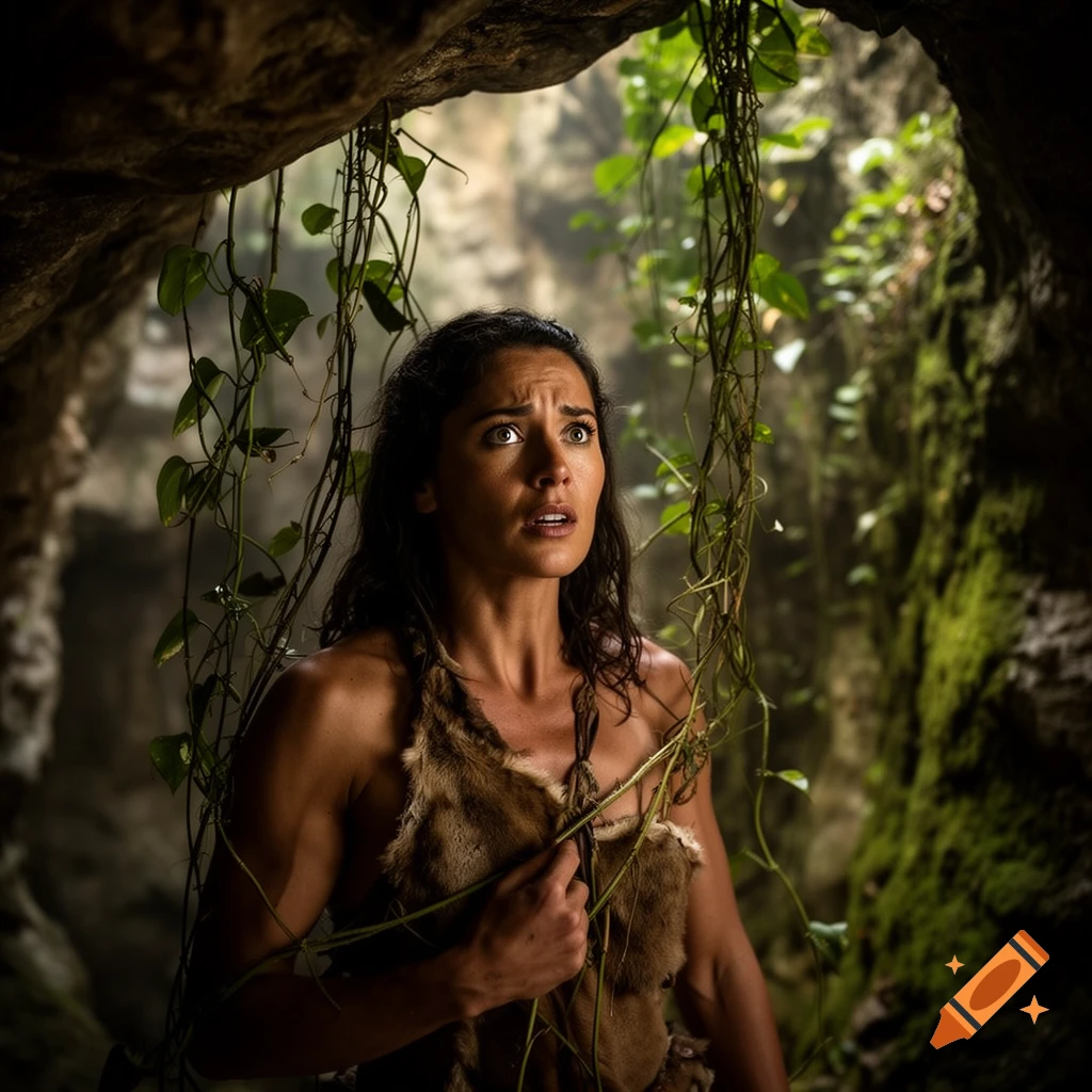 A distressed cavewoman with dark hair, wearing fur clothes, tangled in vines inside a dark cave, looking up anxiously.