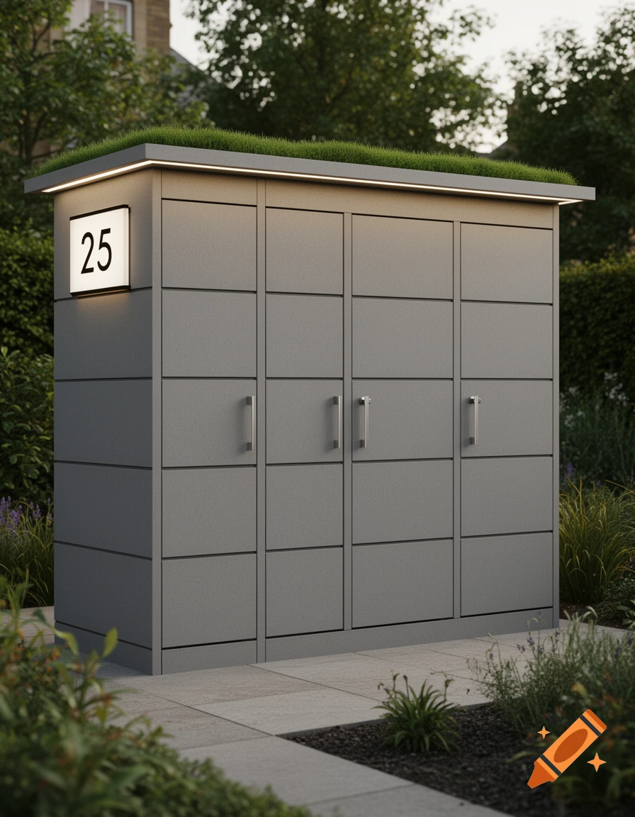 A modern gray outdoor storage unit with a green roof, lighted number 25, and metal handles, in a garden with pavers.
