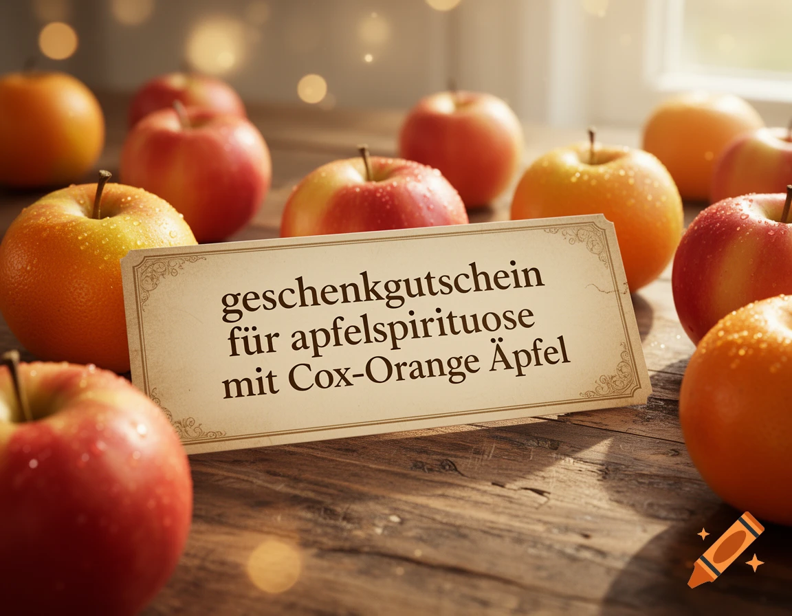 Close-up of fresh red and orange apples with water droplets on a rustic wooden table, next to a gift certificate card.