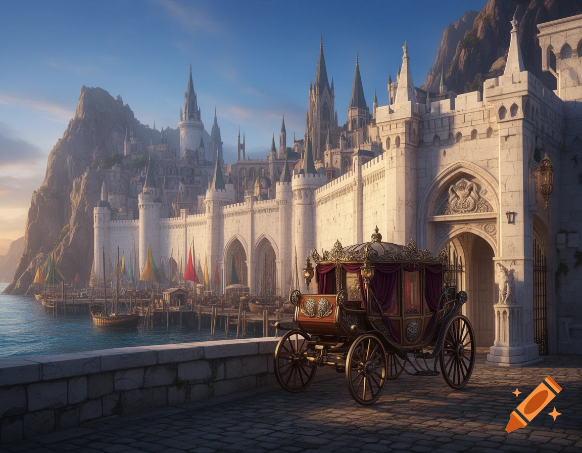 A photorealistic fantasy coastal city with white castle walls, a harbor, and an ornate medieval carriage at sunset.
