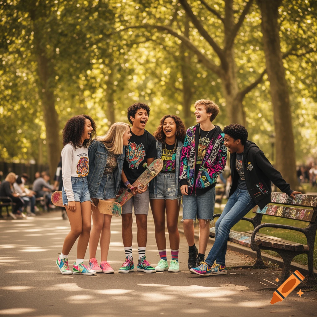 A diverse group of six teenagers with skateboards laughing and standing together on a paved path in a sunlit park.