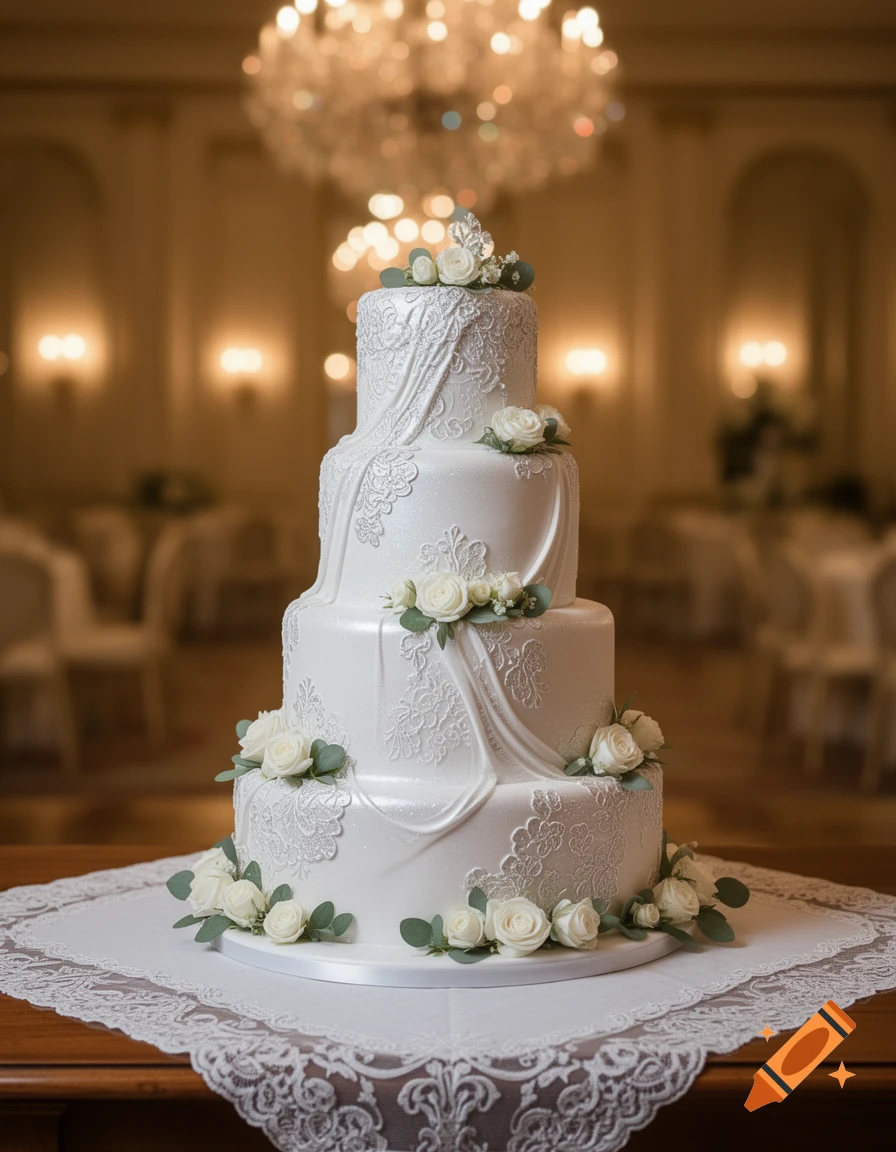 A multi-tiered white wedding cake decorated with white roses and lace patterns, set on a lace tablecloth in a grand hall.