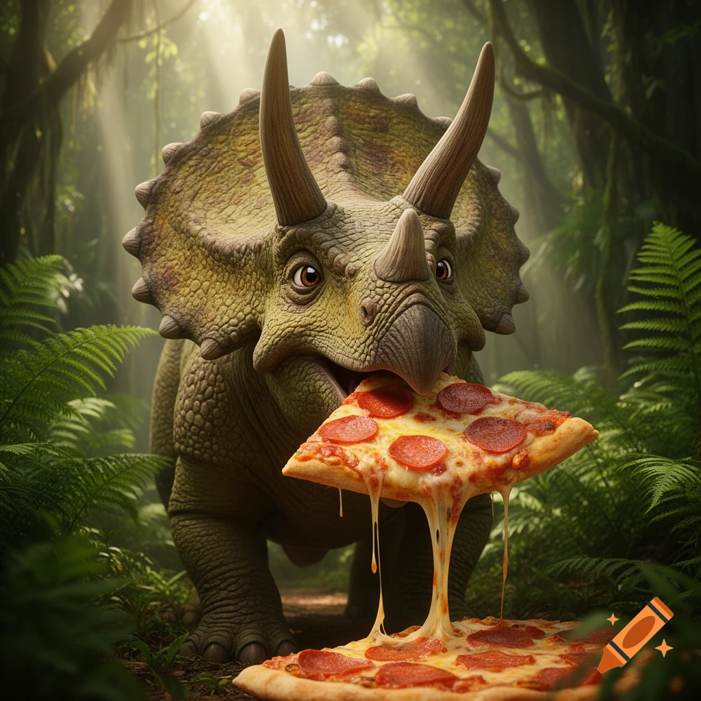 A friendly triceratops-like dinosaur stands in a lush jungle, eating a slice of pepperoni pizza with melting cheese.