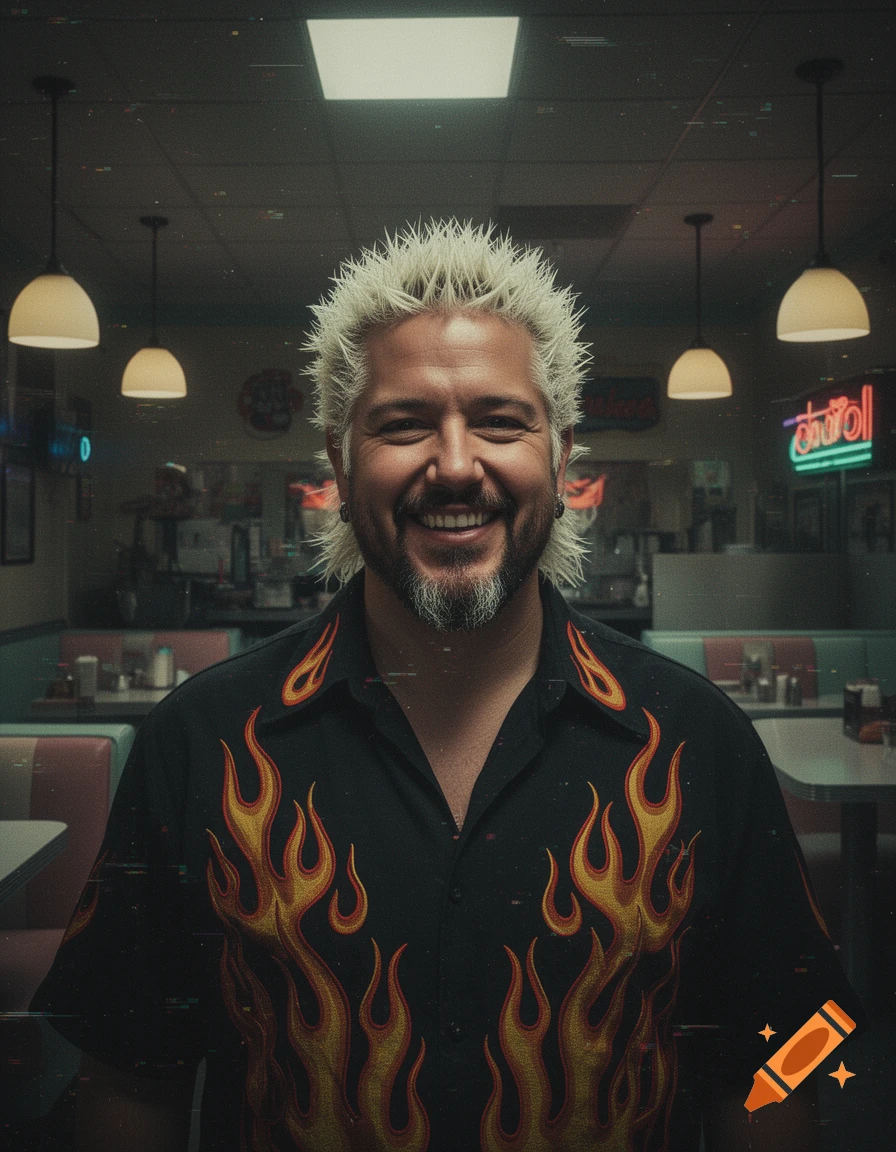 Guy Fieri smiles in a diner, wearing a flame shirt, in an analog horror style with grainy effects.