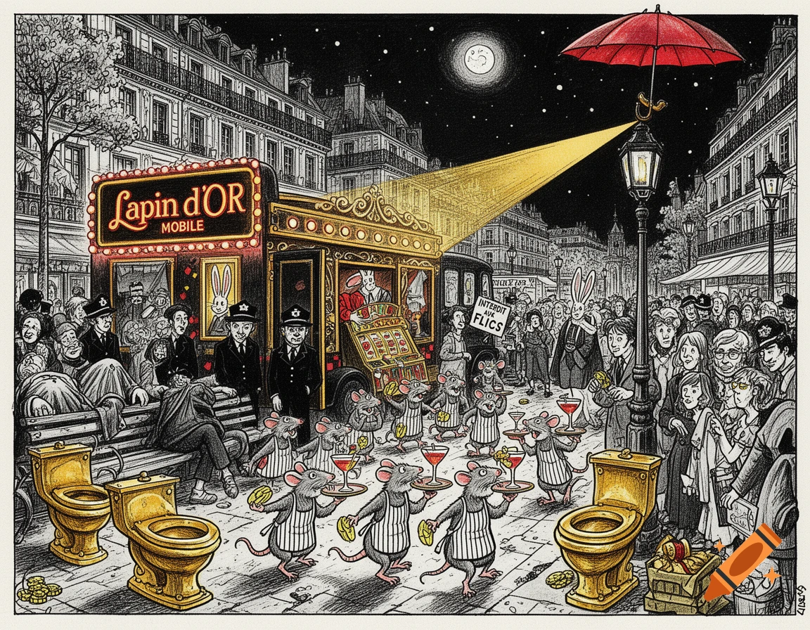 Detailed, humorous illustration of a bustling Parisian night street with a mobile 'Lapin d'OR' casino, rats serving drinks, golden toilets, and a crowd of people in a surreal, Where's Waldo style.