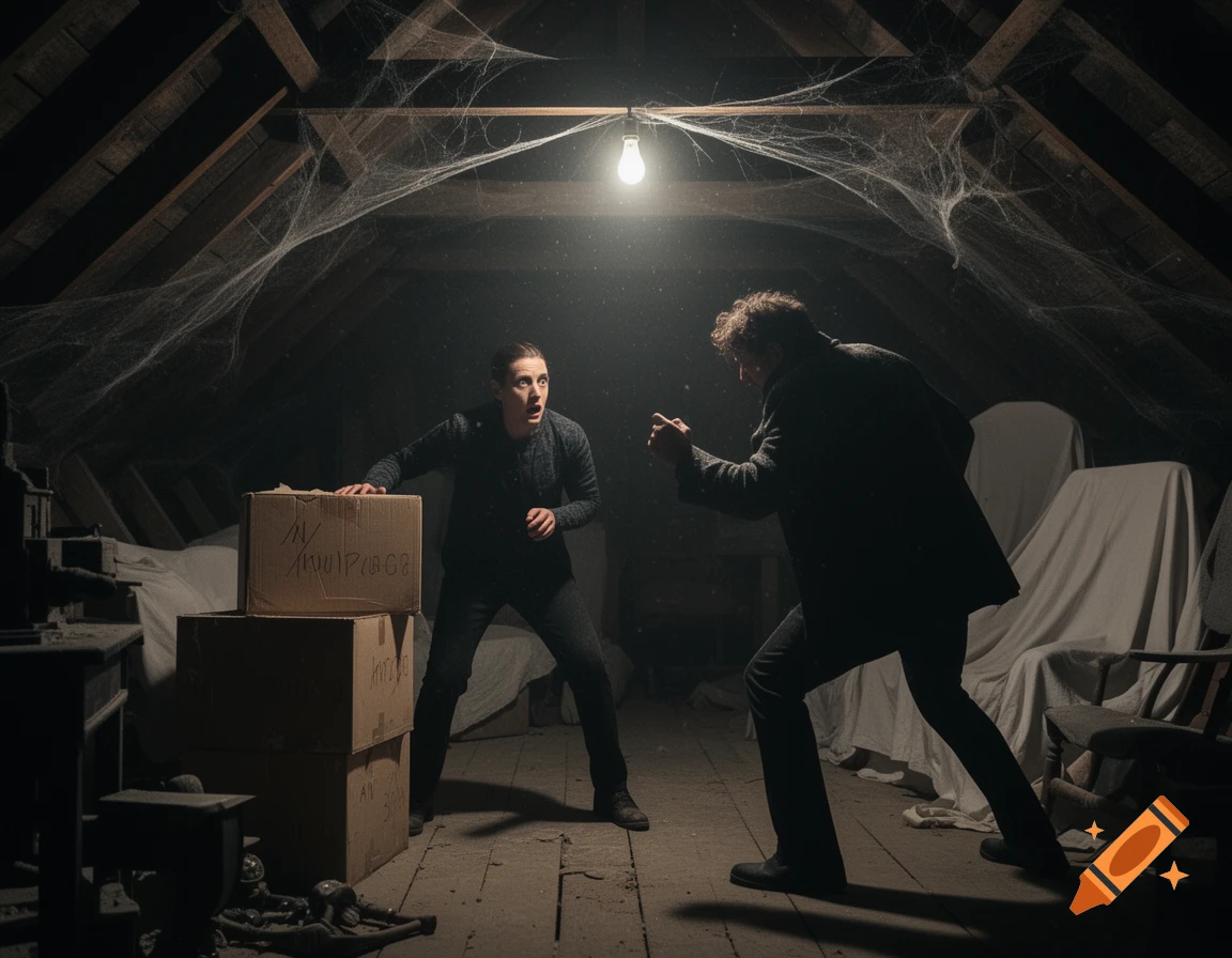 Two men confront each other in a dimly lit, dusty attic with spiderwebs and boxes.