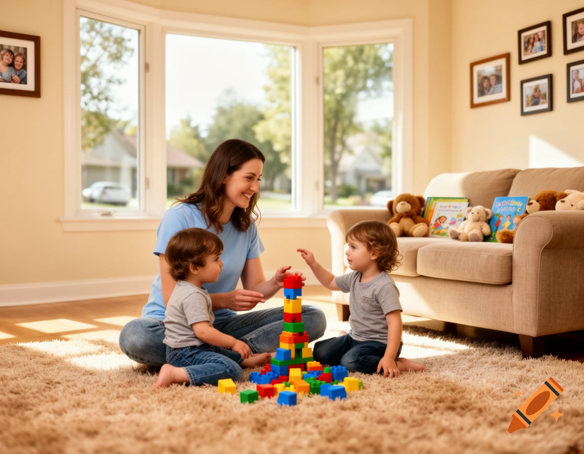 A smiling woman and two young children sit on a rug in a sunny living room, building a tower with colorful blocks.