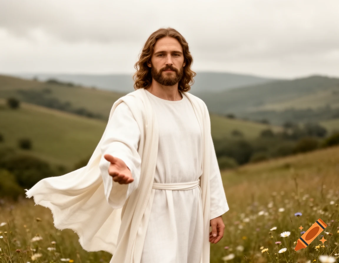 A man resembling Jesus with long hair and beard, wearing white robes, stands in a field of wildflowers, extending his right hand, with rolling green hills and a cloudy sky in the background.