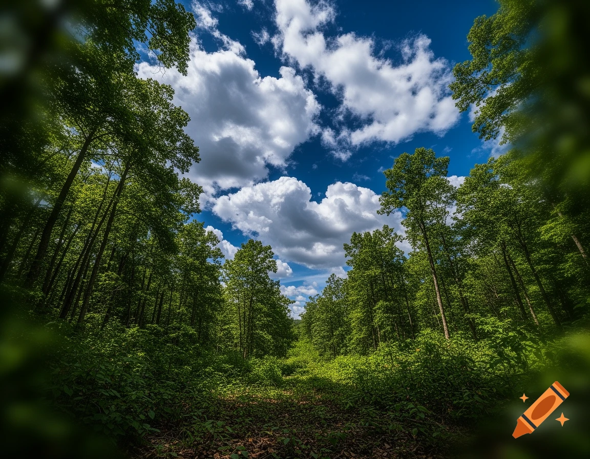 A low-angle view of a dense forest with tall green trees, a dirt path, and a bright blue sky with large white clouds.