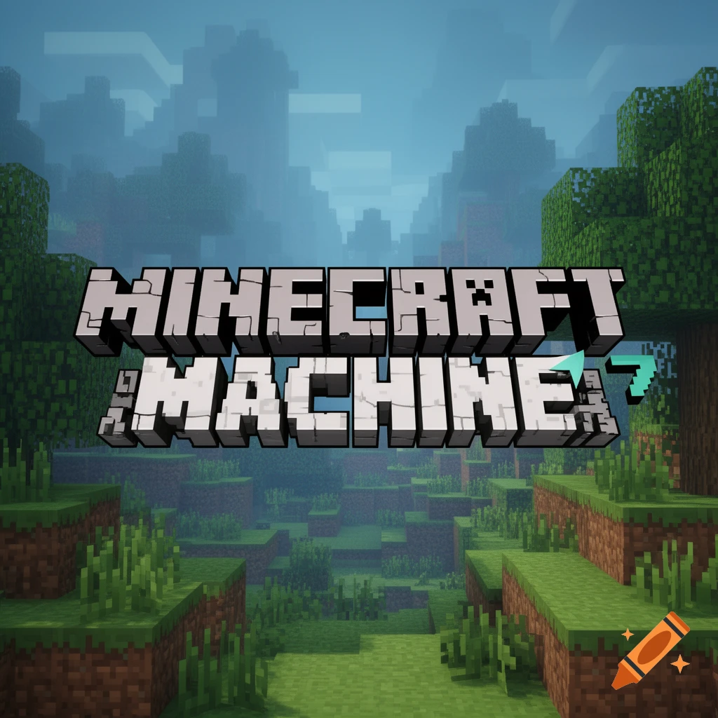 A blocky, pixelated Minecraft-style landscape with trees and hills, featuring the 3D text 'MINECRAFT MACHINE' in the foreground.