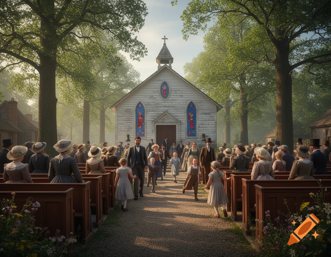 People in 1800s attire gather on a sunny path leading to a white wooden church for a sermon, surrounded by trees.