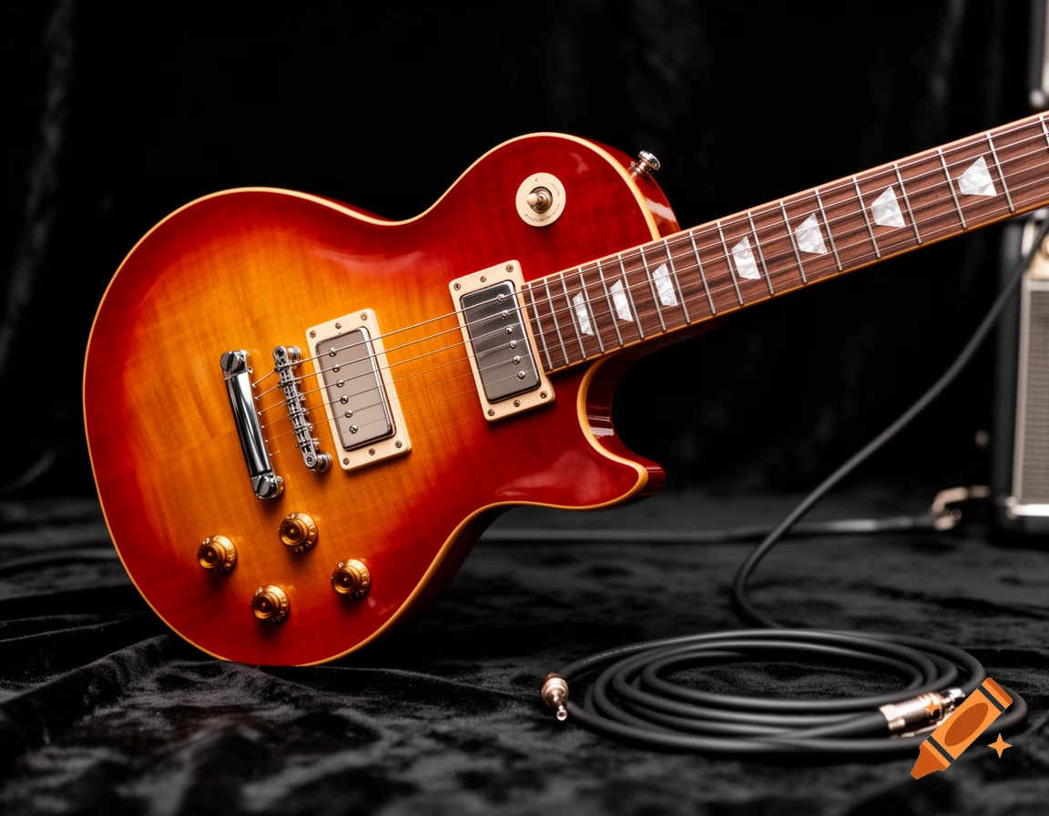 A close-up, photorealistic image of a sunburst Les Paul style electric guitar with a black coiled cable on a dark velvet surface.
