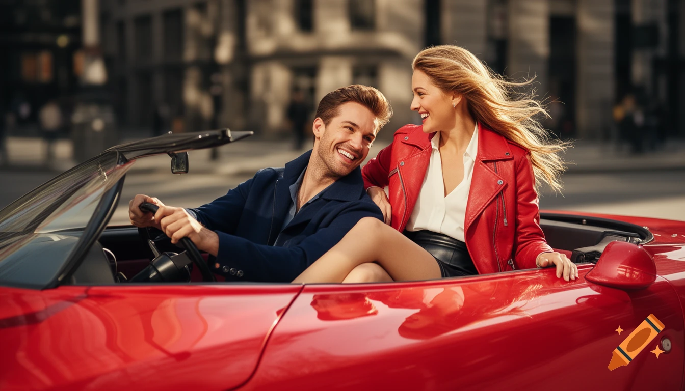 A joyful couple in a red convertible on a city street. The man drives while the woman sits on his lap, both smiling at each other.