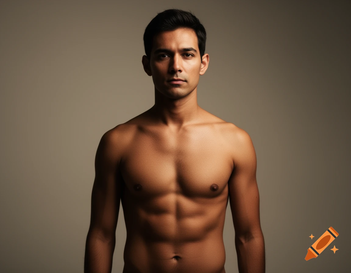 A photorealistic studio portrait of a shirtless man with dark hair, looking directly at the viewer.