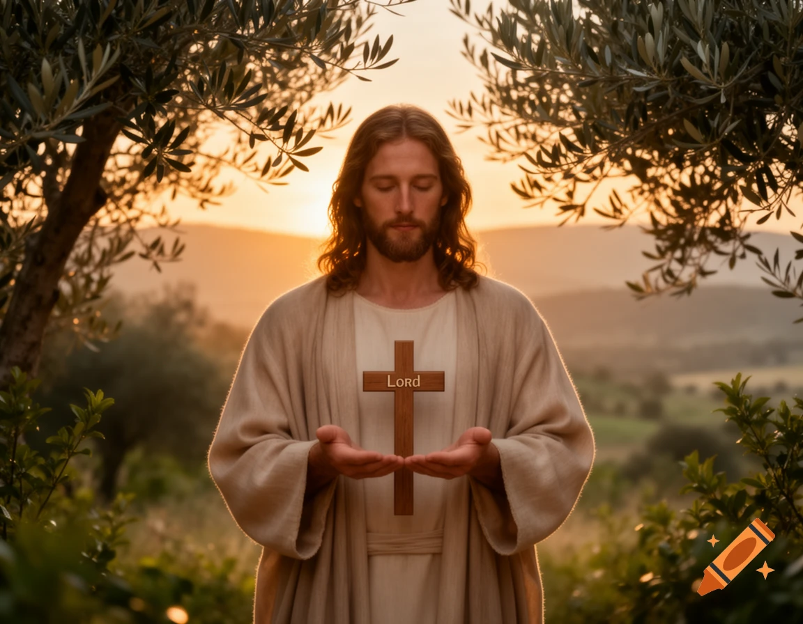 Photorealistic image of Jesus holding a cross with 'LORD' written on it, eyes closed, at sunset among olive trees.