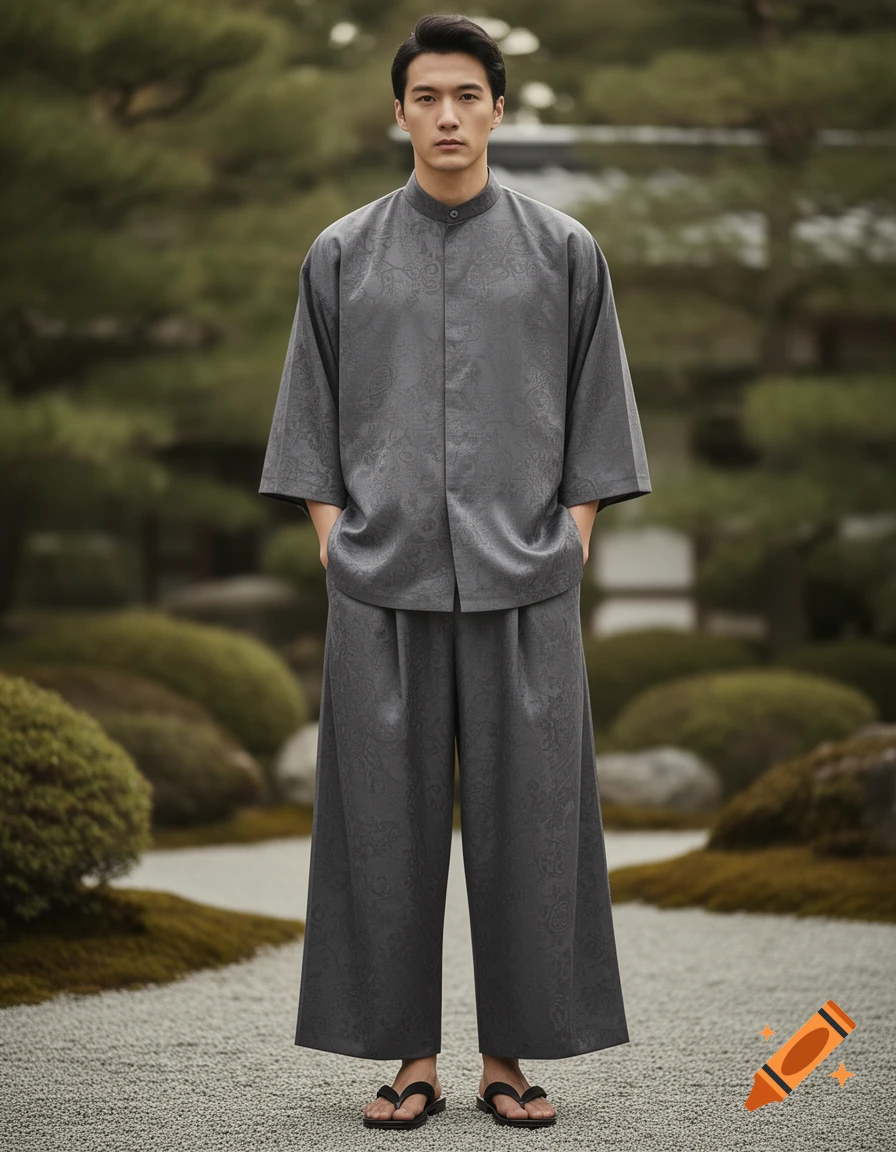 A man in a grey patterned tunic and wide-leg pants stands in a Japanese garden.