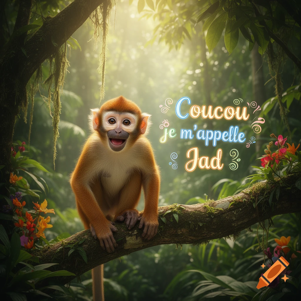 A cute, smiling monkey with light orange fur sits on a mossy branch in a sunlit jungle, with the text "Coucou je m'appelle Jad" beside it.