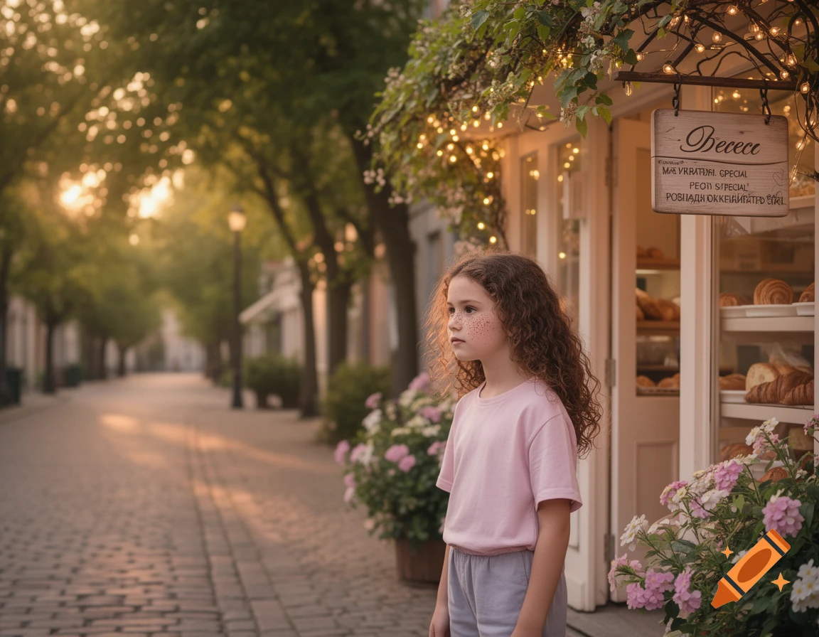 A young girl with curly hair and freckles stands outside a quaint bakery on a cobblestone street during a golden evening.