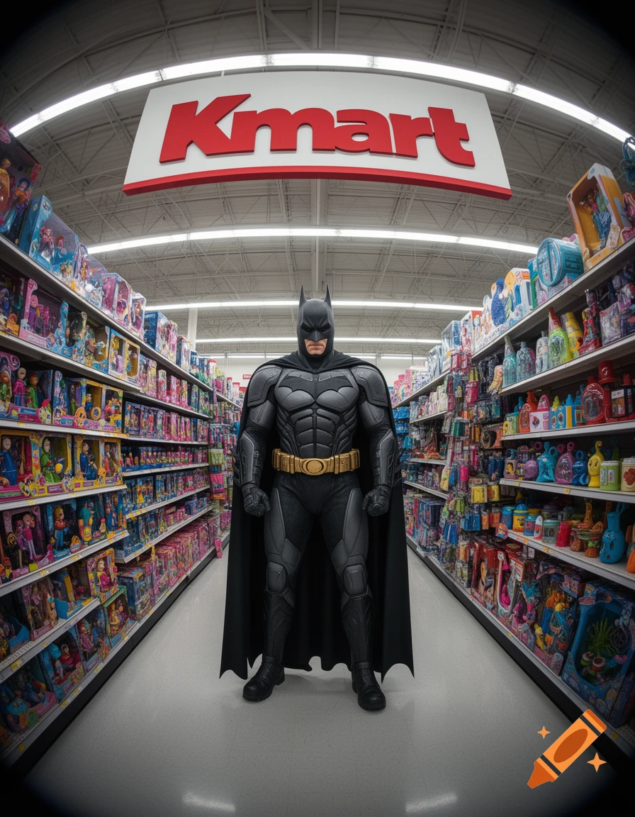 Batman stands in the middle of a Kmart toy aisle, under a large 'Kmart' sign, in a fisheye lens shot.