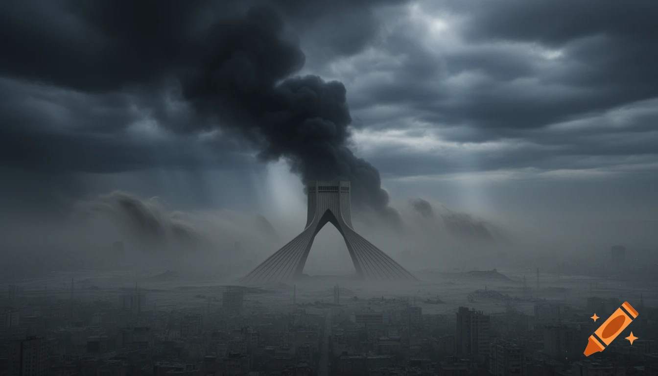 Photorealistic Azadi Tower in Tehran shrouded in thick black smoke and dark storm clouds, creating an ominous, dystopian cityscape.