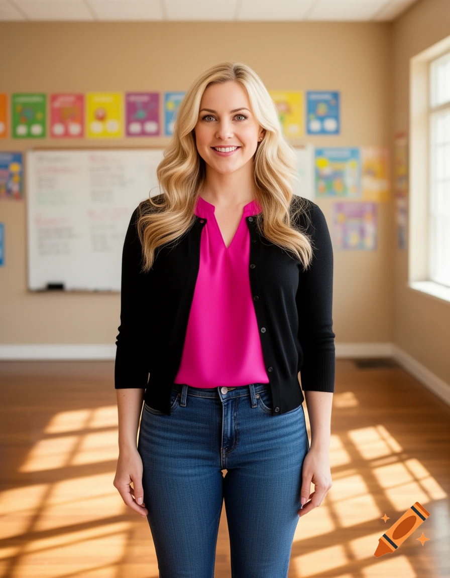A blonde woman teacher smiles, wearing a pink blouse, black cardigan, and jeans in a brightly lit classroom.