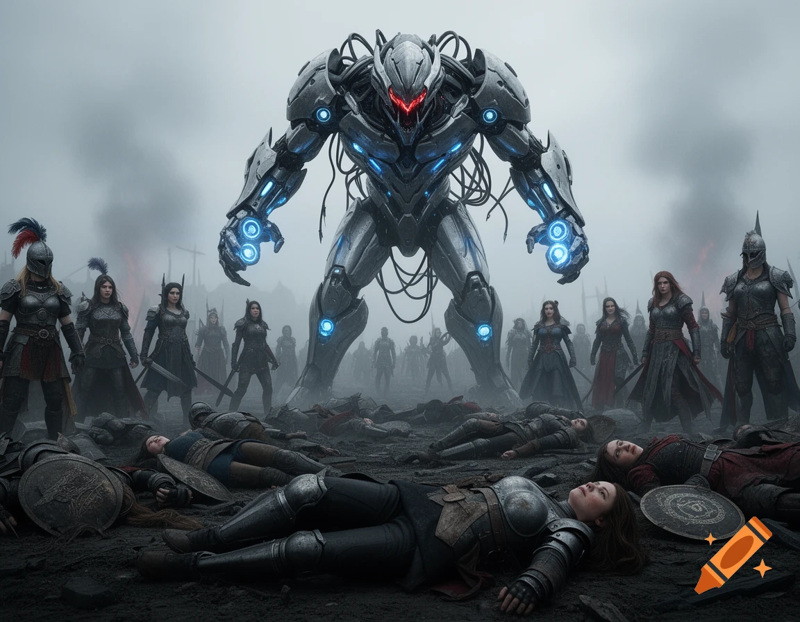 A massive silver mecha with glowing blue accents stands over a field of defeated female warriors in fantasy armor.