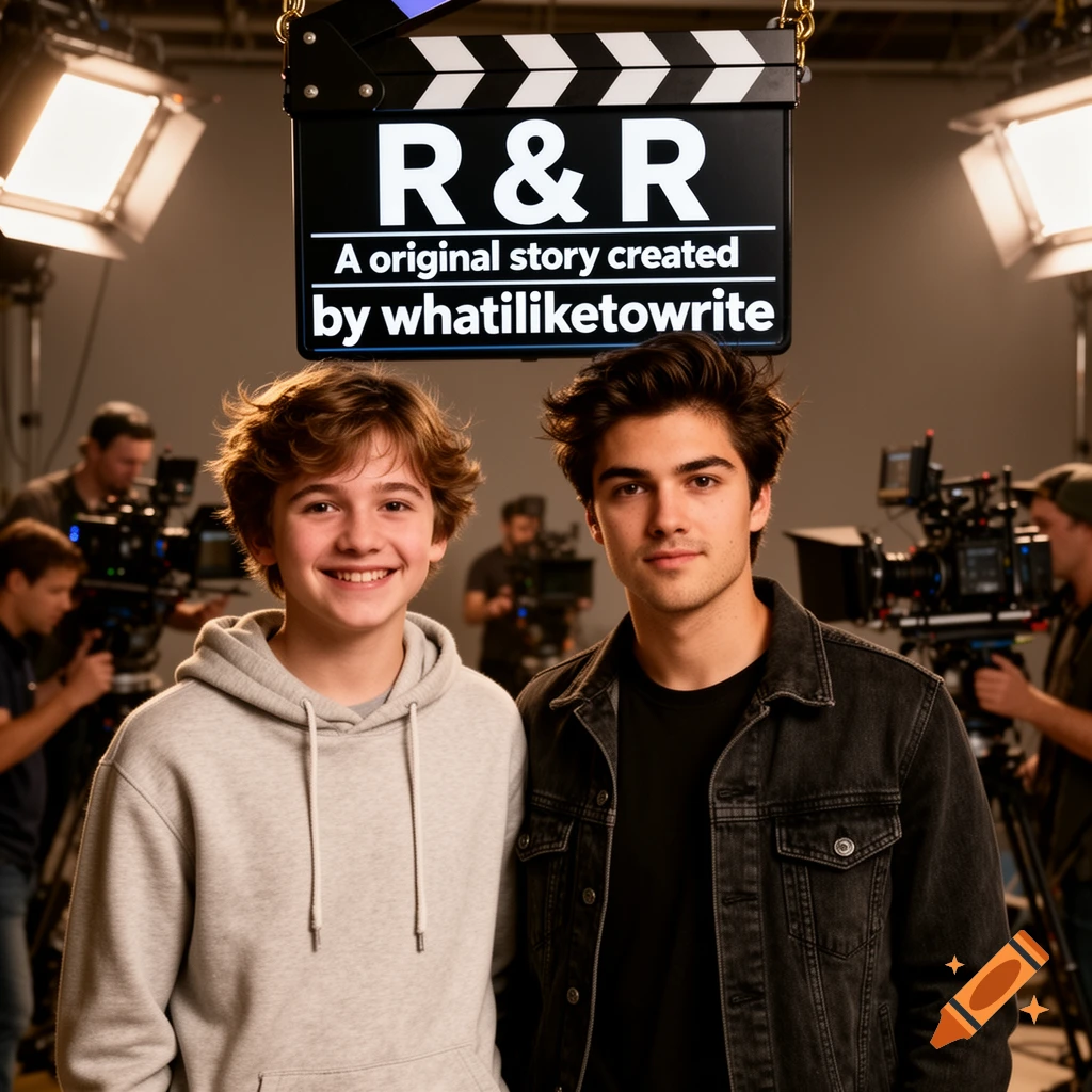 Two smiling young men pose on a film set, with a clapperboard showing 'R & R A original story created by whatiliketowrite' overhead.