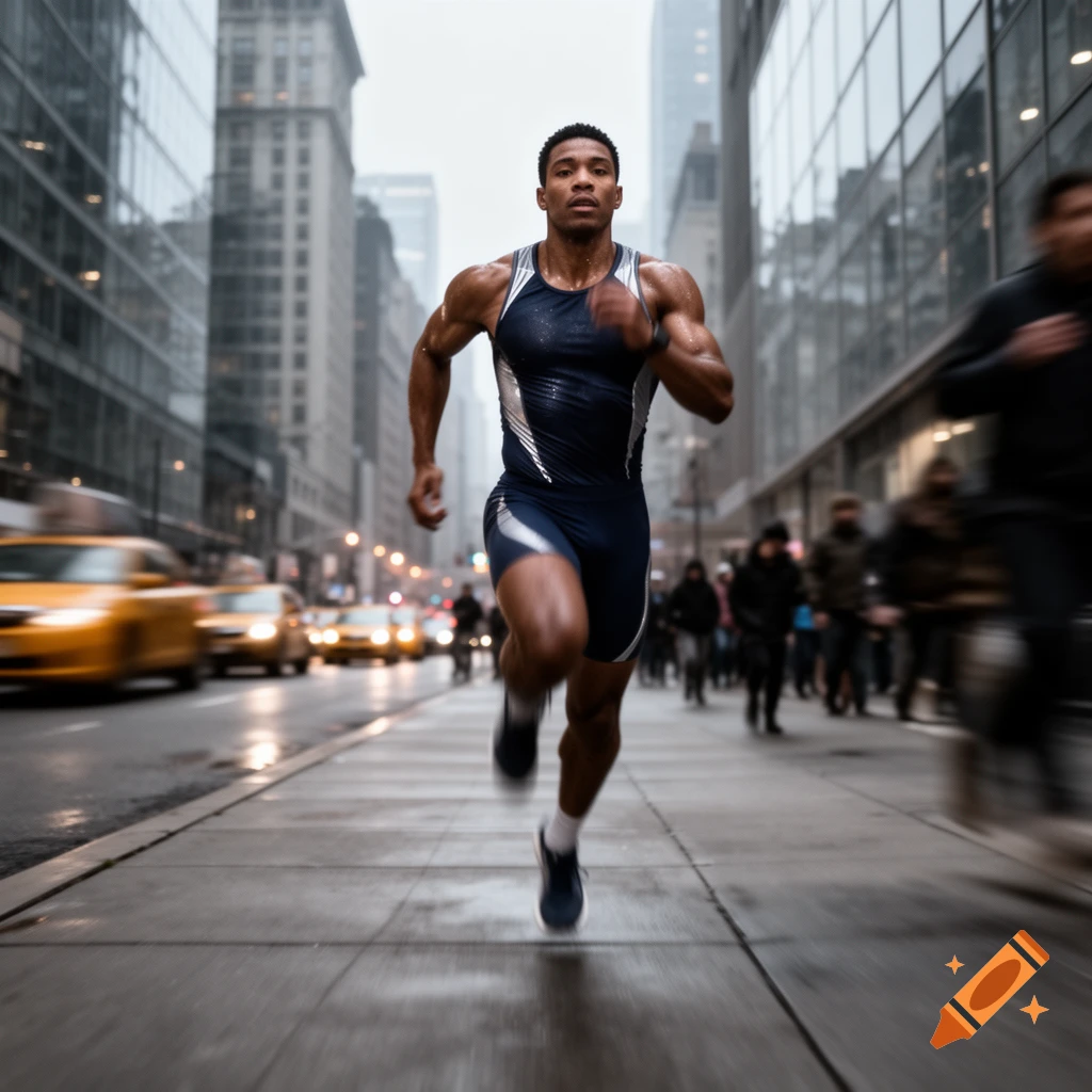 Muscular man in athletic wear sprinting on a wet city sidewalk with blurred urban background.