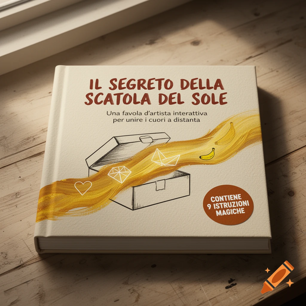 A photorealistic flat lay of an ivory hardcover book on a wooden table, featuring an open box, a golden wave, abstract shapes, and bananas on its cover.