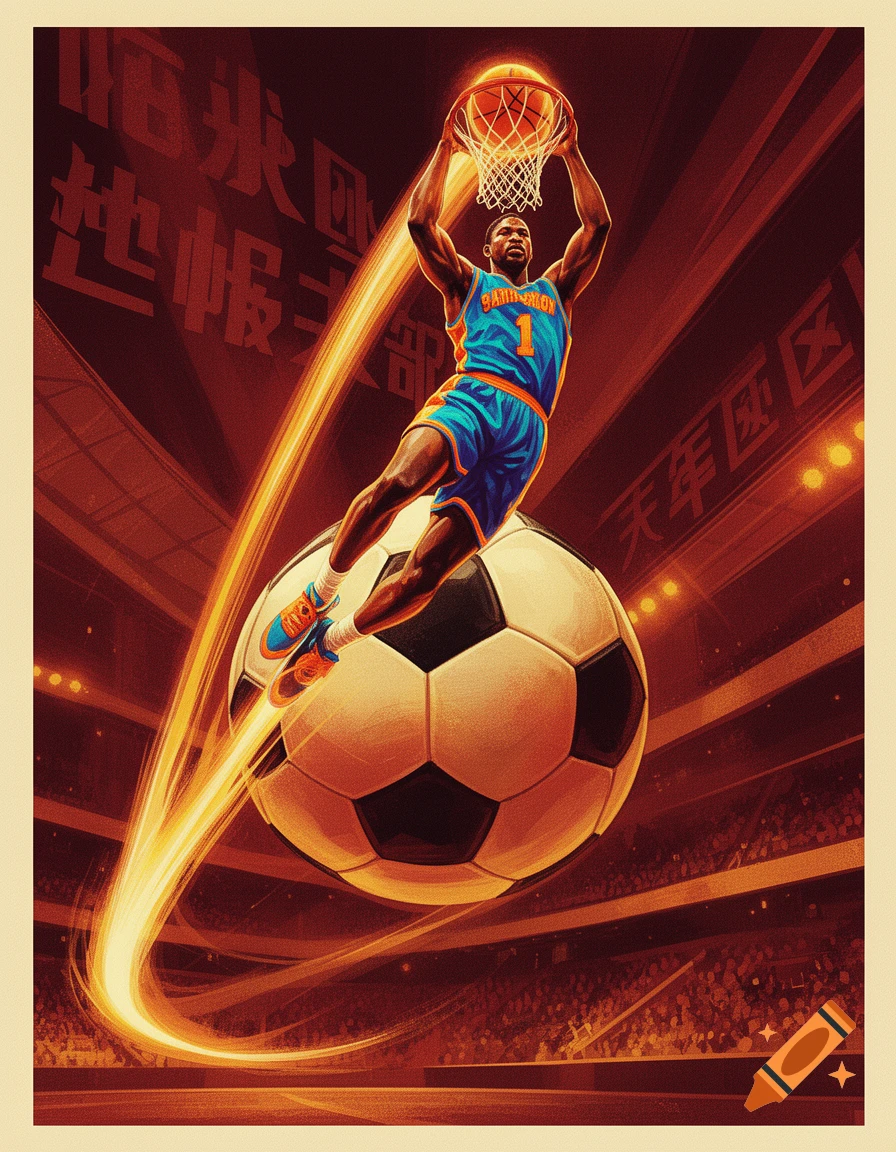 A heroic basketball player dunks a glowing basketball over a large soccer ball in a stadium, stylized as a dramatic propaganda poster.