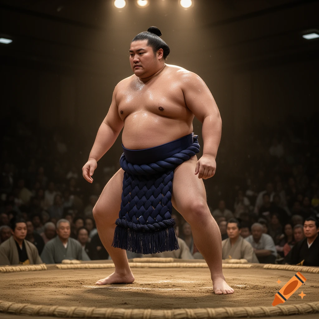 A photorealistic image of a large sumo wrestler standing in a ring under spotlights, with a blurred audience in the background.