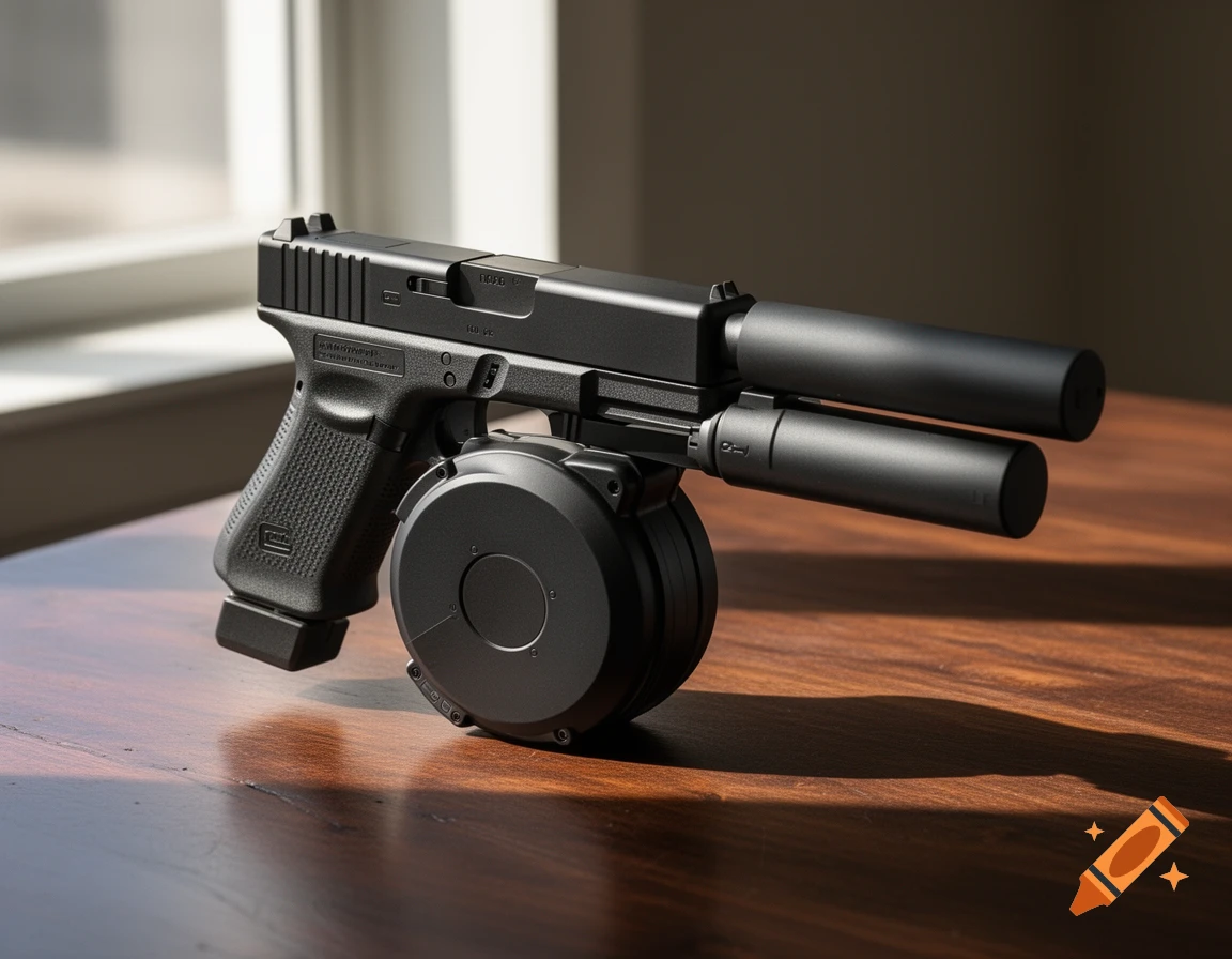 A black Glock 19 handgun with two suppressors and a drum magazine sits on a wooden table near a window in a photorealistic style.