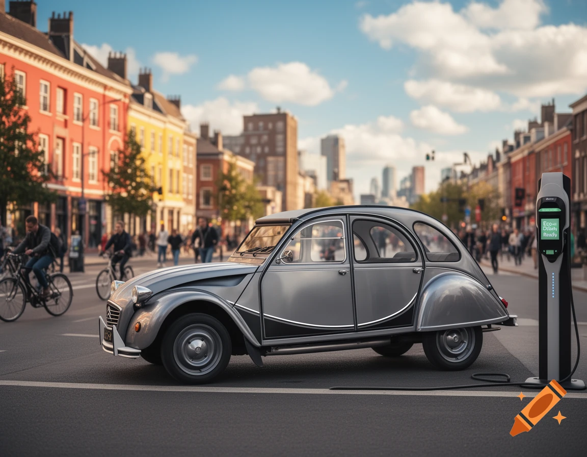 A classic gray Citroen 2CV parked on a city street, connected to a modern EV charging station. People and colorful buildings in the background.