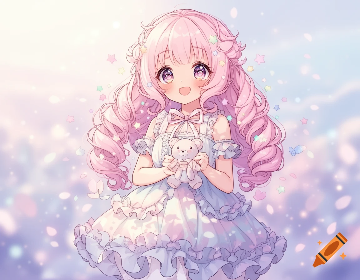 A smiling anime girl with long, curly pink hair, adorned with stars, holds a white teddy bear in a dreamy, pastel-colored setting.