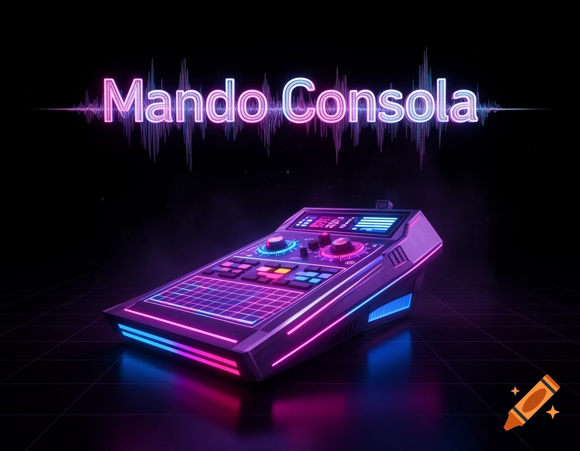 A neon-lit synthwave console with the text 'Mando Consola' above it, set against a dark grid background.