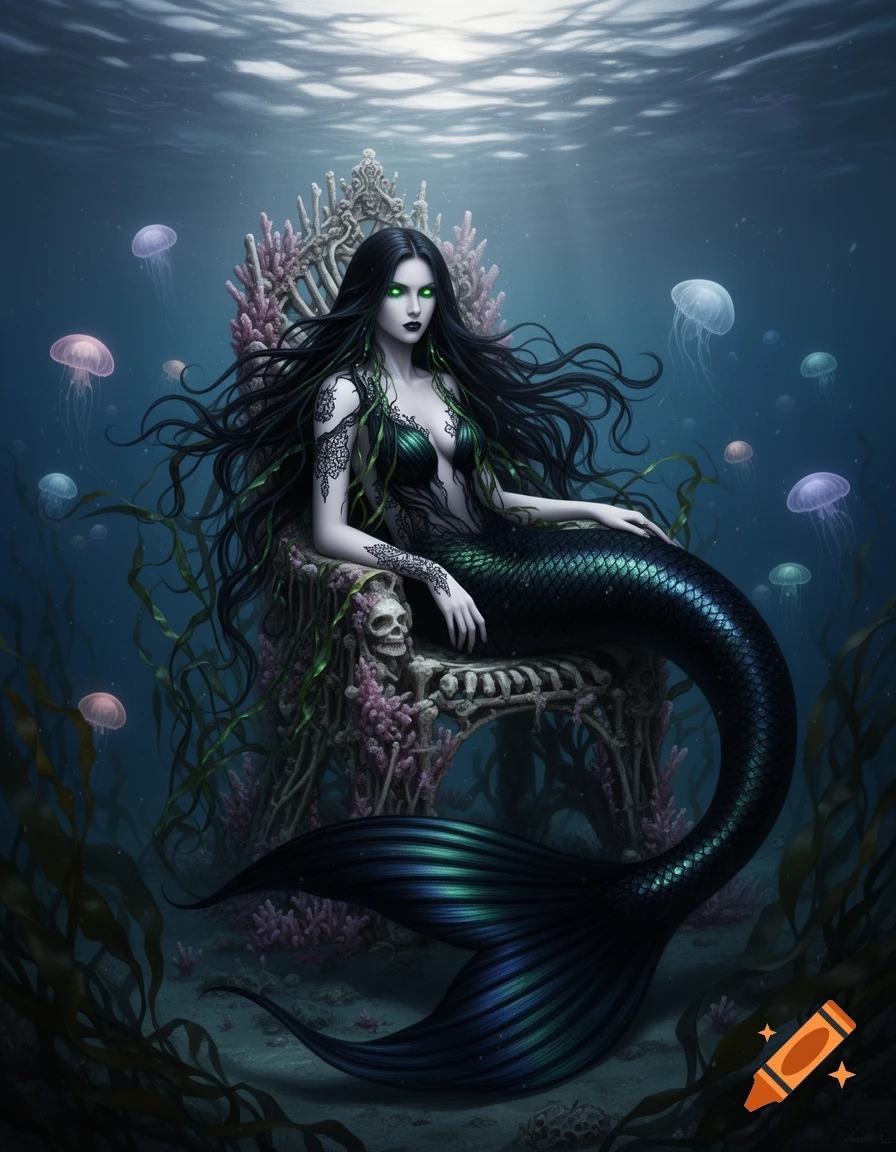 A gothic mermaid with long dark hair and glowing green eyes sits on a bone and coral throne in the deep ocean with jellyfish.